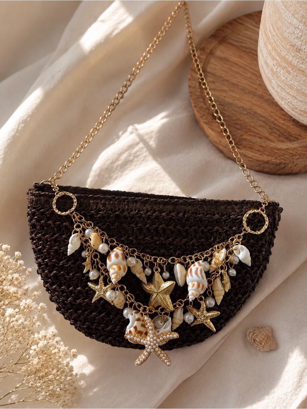 Brown Woven Shell Charm Half-Moon Shoulder Bag